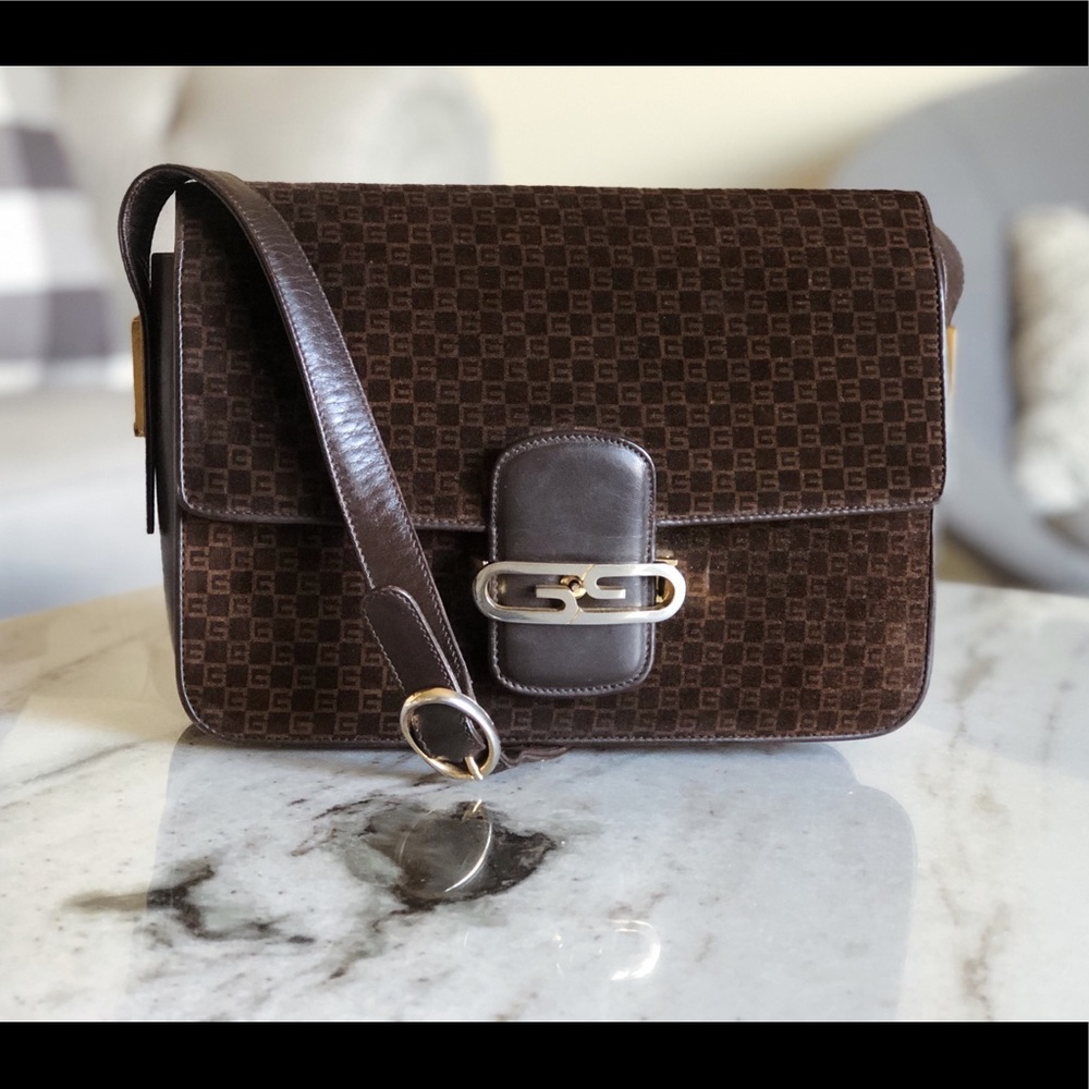 Gucci 1970s RARE Vintage GG Leather Suede Monogram East West Shoulder Bag - Picture 2 of 8